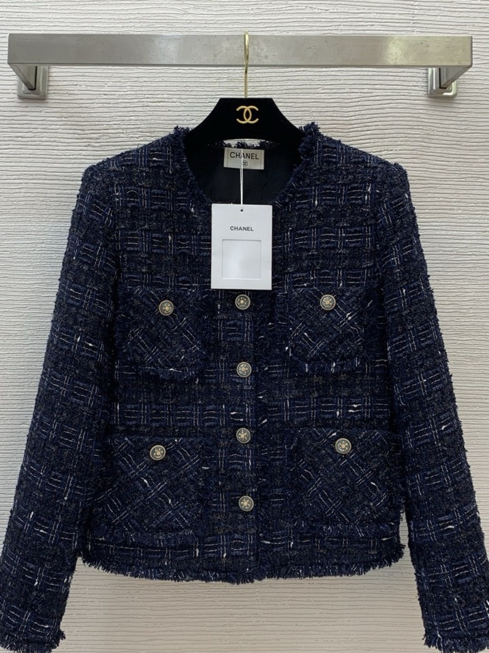 ✨Chanel Navy Tweed Round Neck Fringe Jacket